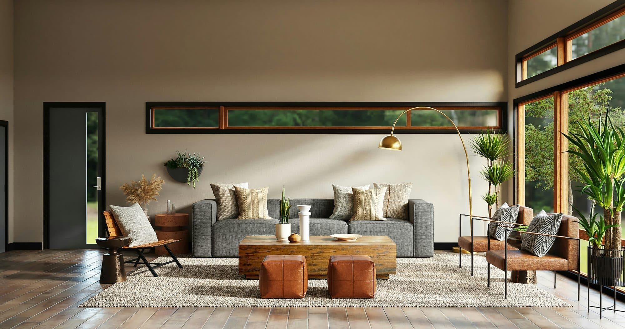 A warm, light-filled living room styled with vintage and contemporary furniture