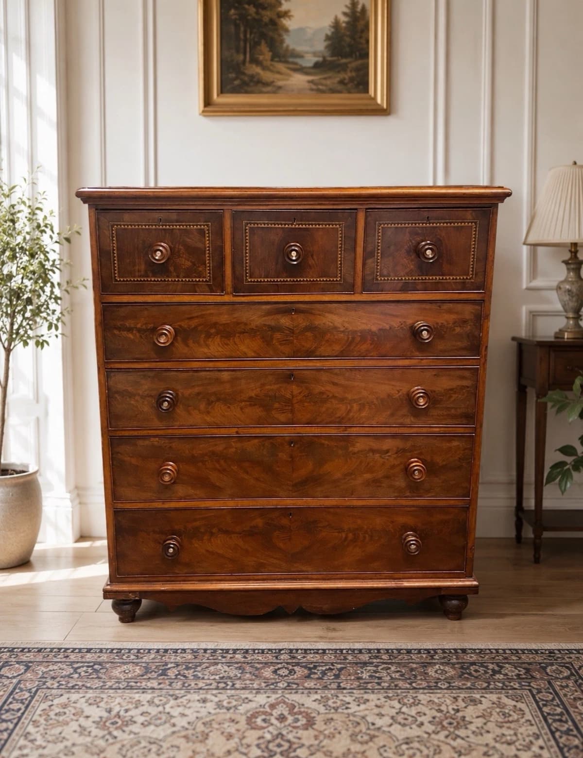 Large Antique Victorian Mahogany Tall Chest of Drawers c.1835 Inlaid