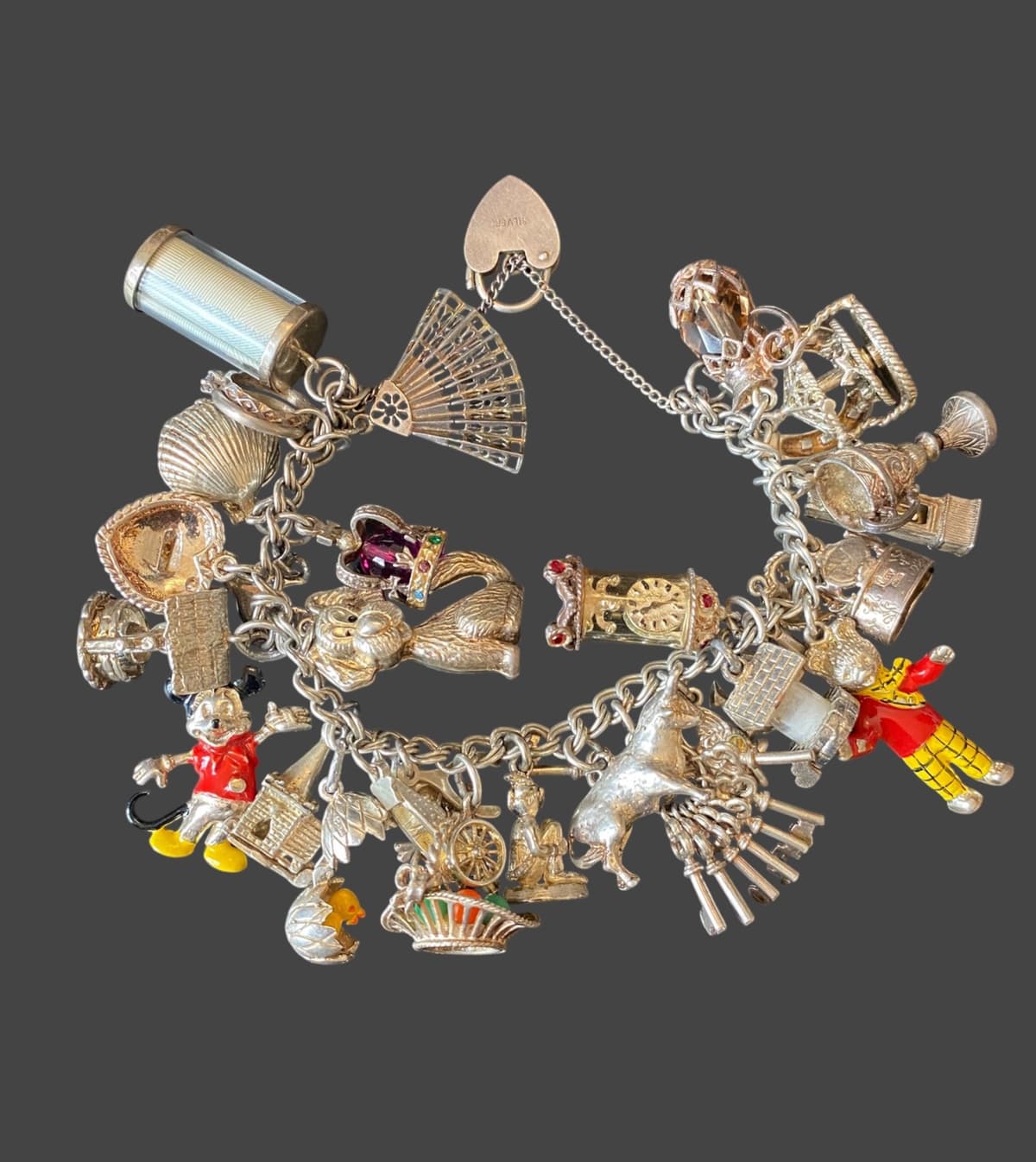 Vintage Heavy Solid Silver Loaded Charm Bracelet 110g Mechanical Enamel Charms