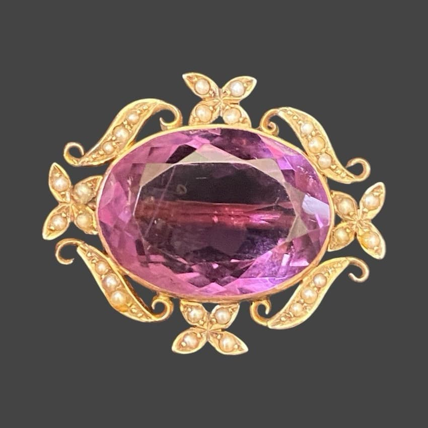 Antique 9ct Gold Amethyst & Seed Pearl Brooch Victorian Style 5.34g