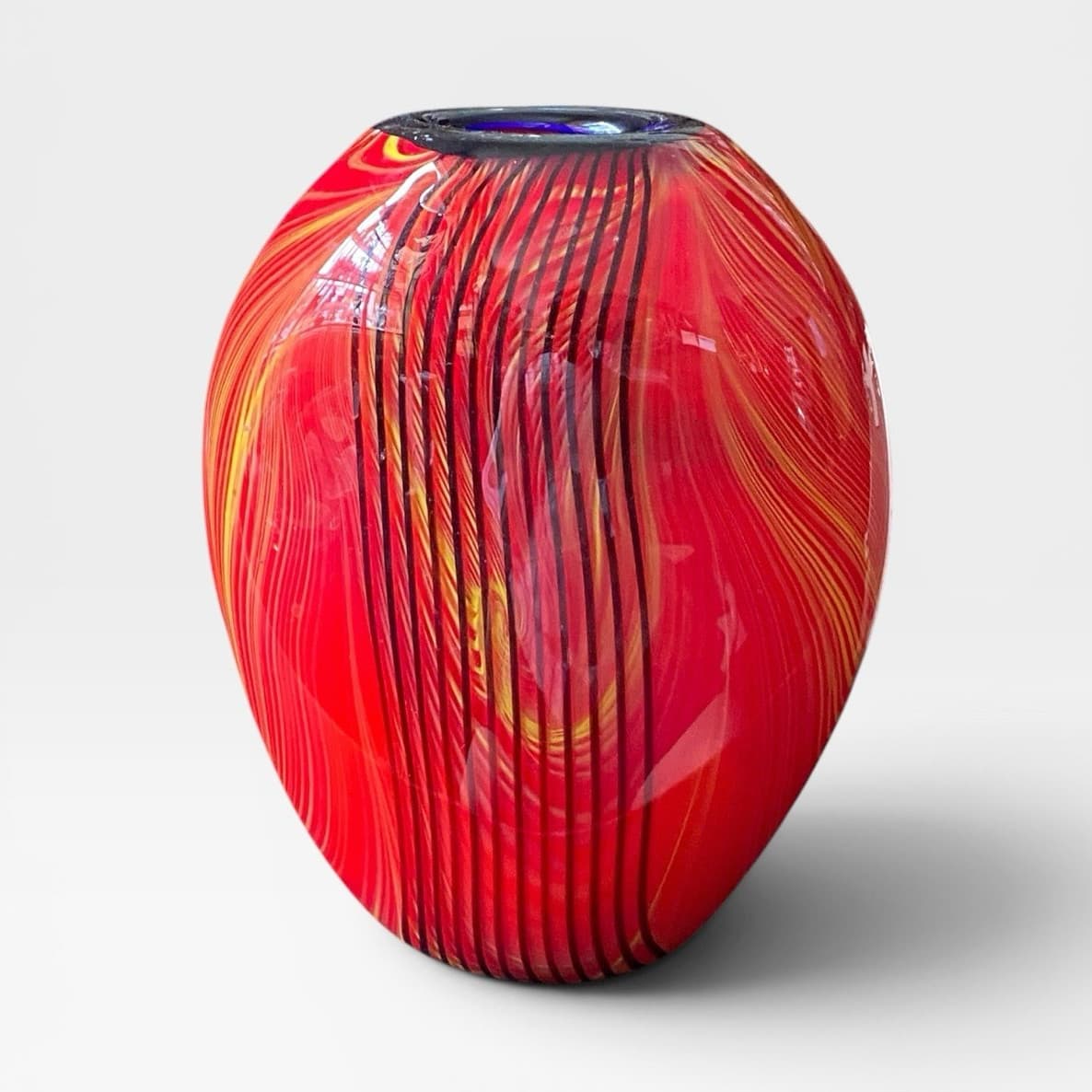 Murano Art Glass Vase Filigrana Red& Black Swirl In Lino Tagliapietra Style 27cm