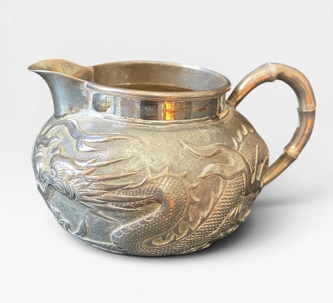 Antique Chinese Export Silver Dragon Creamer Pitcher Wang Hing WH90 Circa 1900