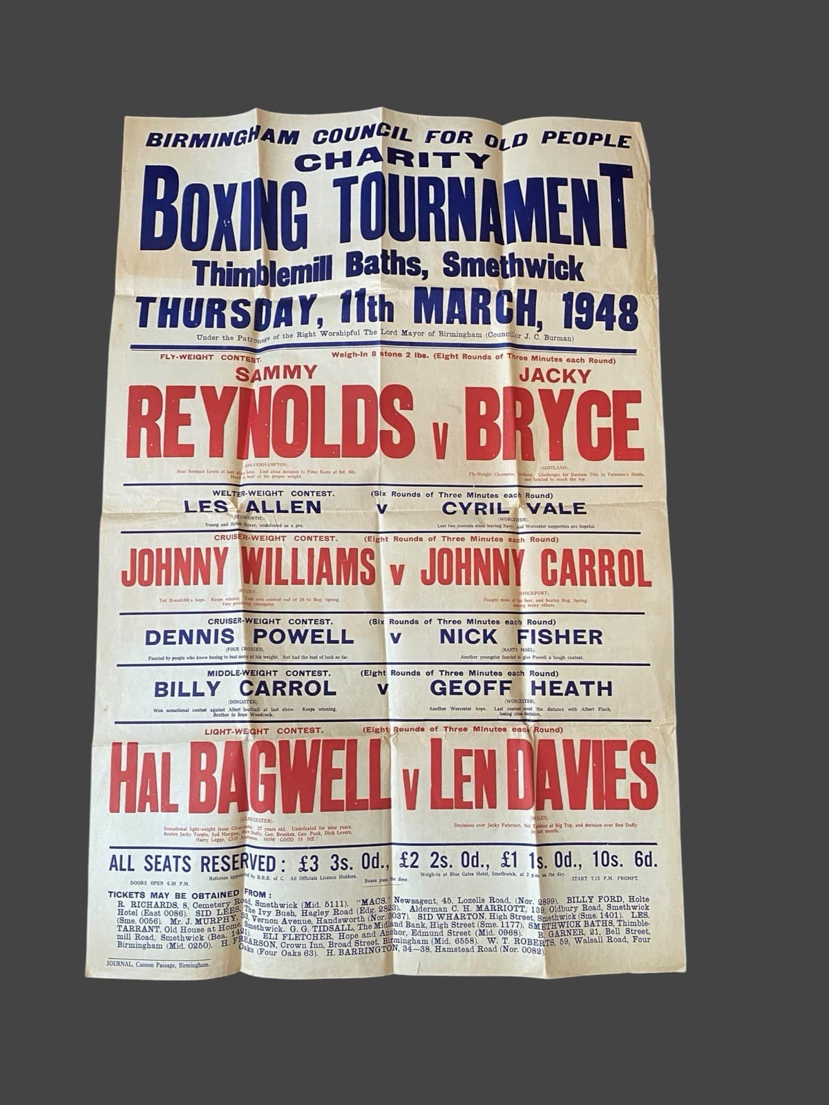 Original 1948 Charity Boxing Poster Thimblemill Baths Smethwick Reynolds v Bryce