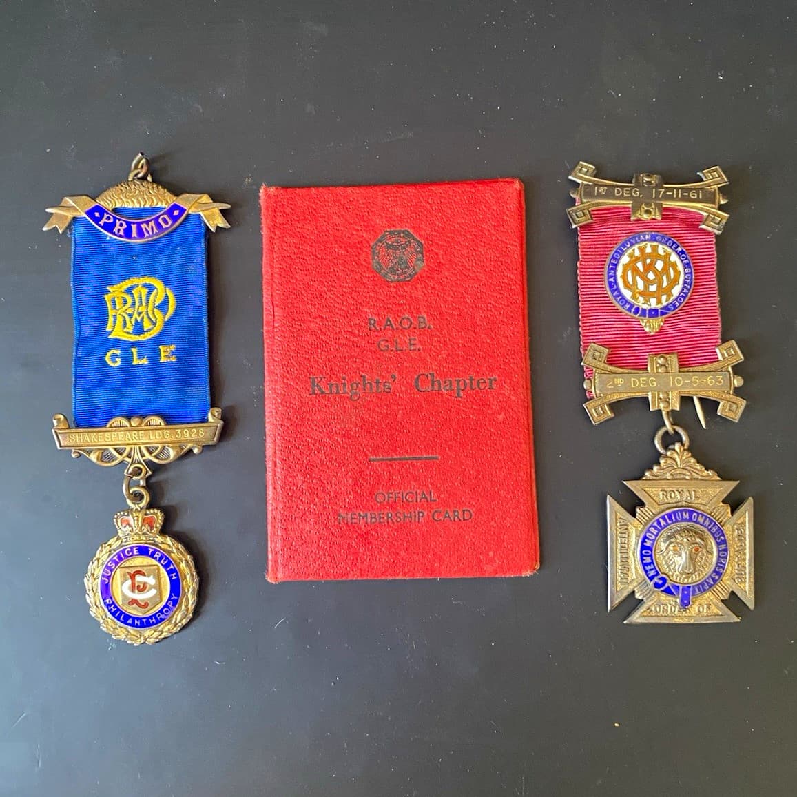 RAOB GLE Shakespeare Lodge 3928 Silver Gilt Medals & Card