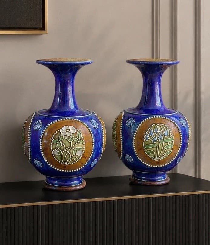 Pair Royal Doulton Lambeth Stoneware Art Nouveau Vases by Maud Bowden MB c1905
