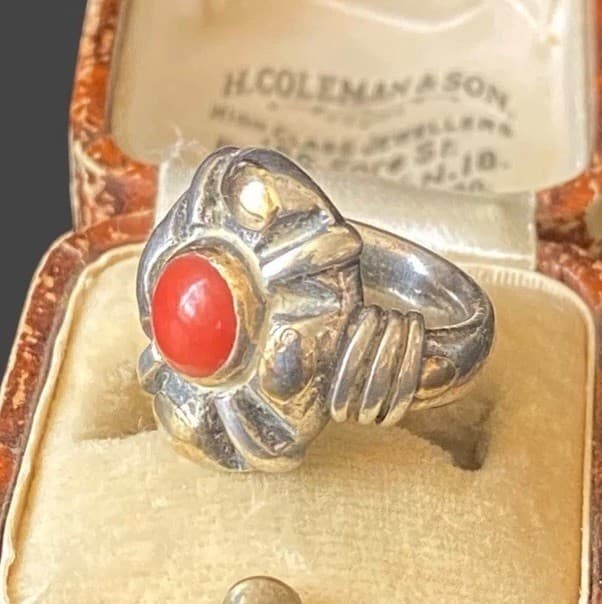 Rare Signed Charles Rivaud French Art Nouveau Coral Silver Ring with Gold Appliq