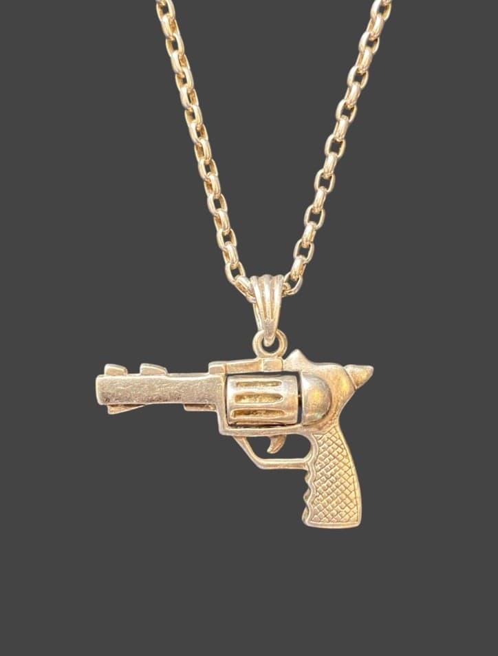 Vintage Sterling Silver 925 Revolver Gun Pendant Necklace Moving Cylinder 51cm