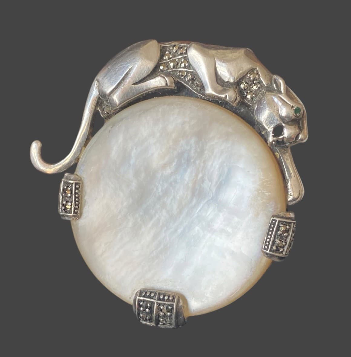 Panther Brooch 925 Sterling Silver With Mother Of Pearl Marcasite & Emerald Eyes