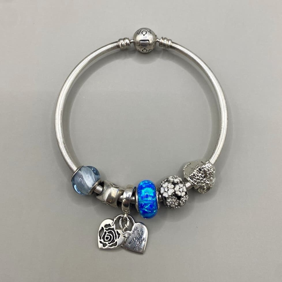 Authentic Pandora 925 Sterling Silver Bangle Bracelet with 6 Charms Blue Heart