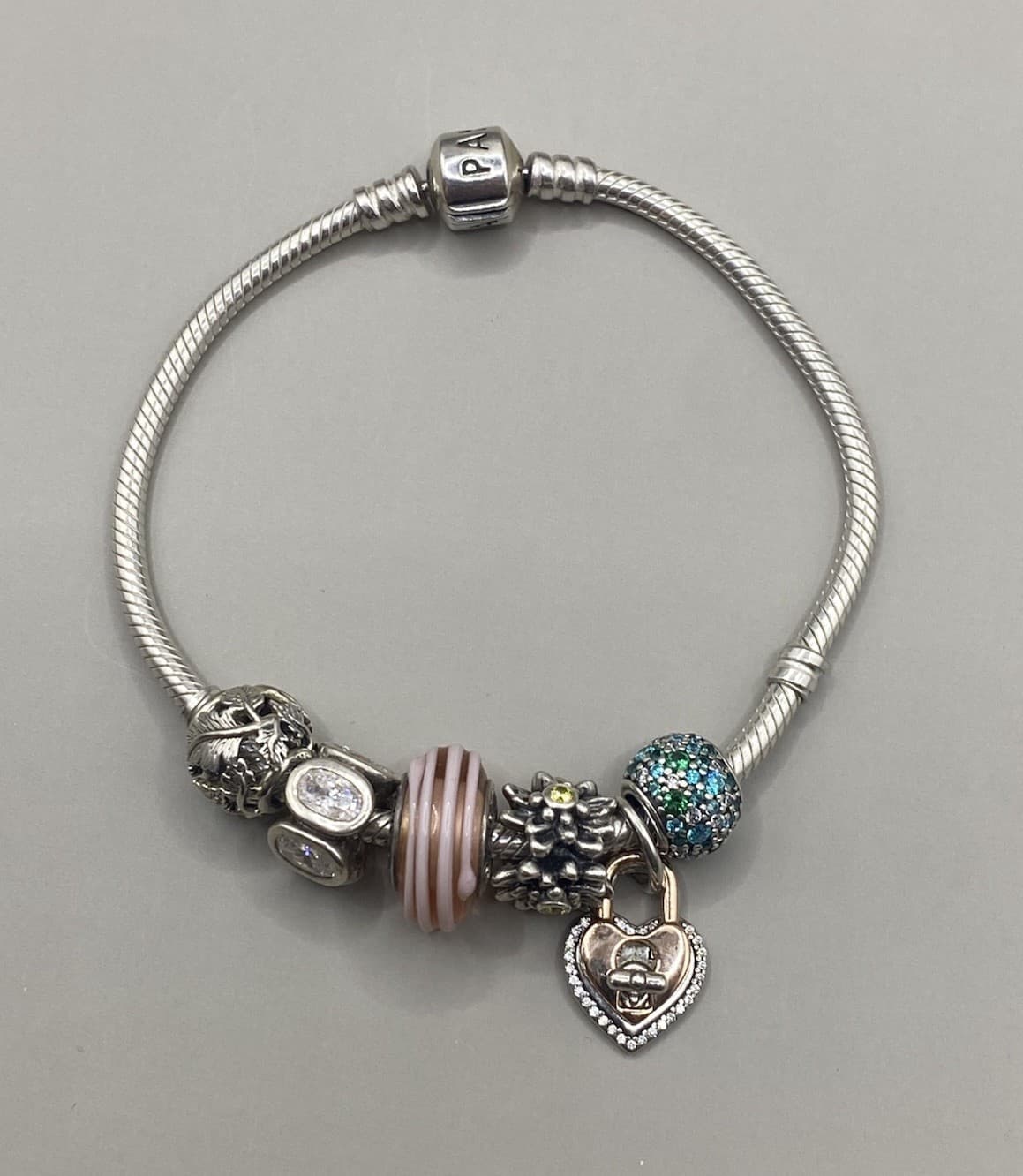 Authentic Pandora 925 Silver Bracelet 6 Charms Heart Padlock Pink Glass Flora