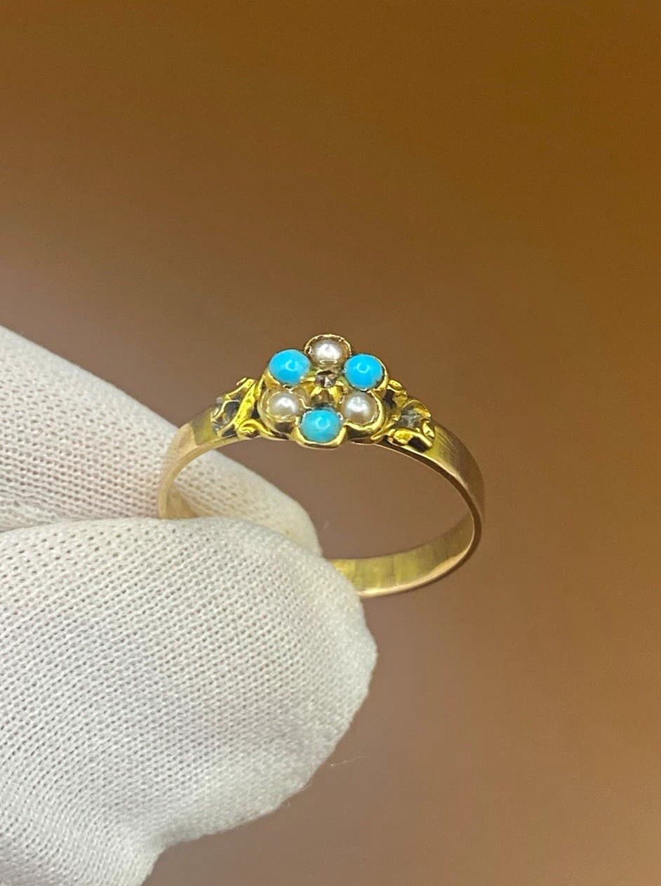 Antique Victorian 9ct Gold Turquoise Pearl Diamond Cluster Ring UK P½