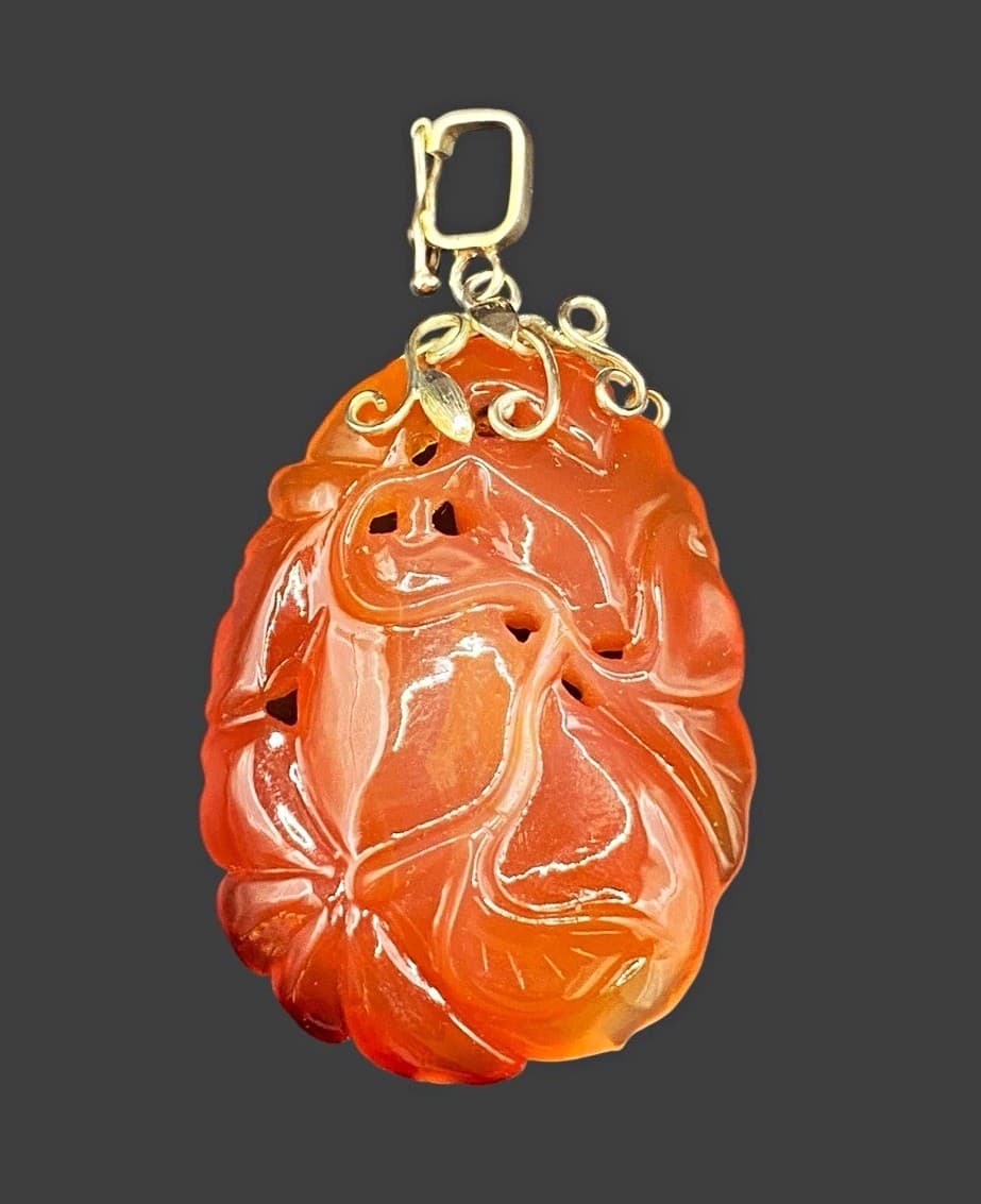 Vintage Chinese Carved Carnelian Pendant 14ct Gold Enhancer Bail Lotus Flower