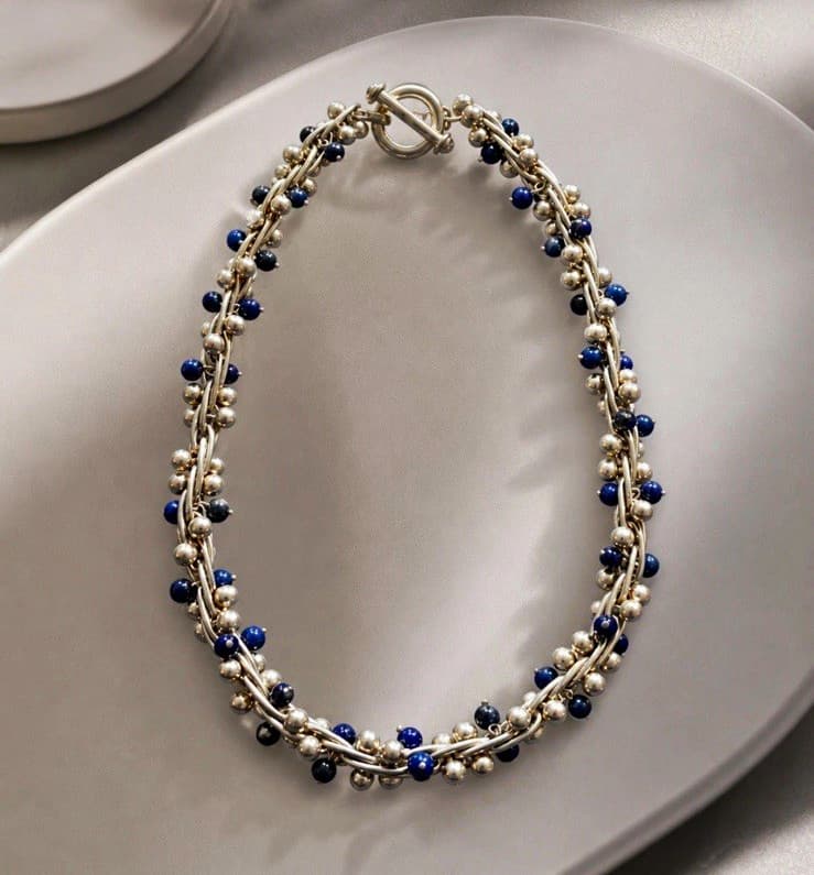 Vintage Modernist Sterling Silver Peppercorn & Lapis Lazuli DNA Necklace, 111 g