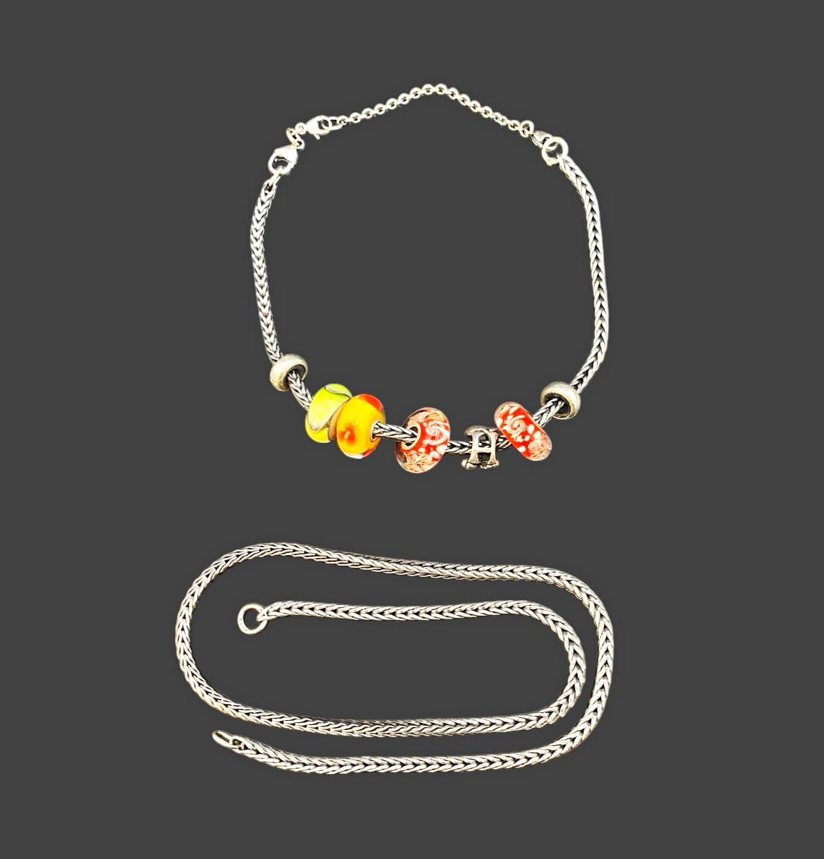 Authentic Trollbeads 925 Silver Foxtail Bracelet 20cm + Necklace 40cm Glass Bead